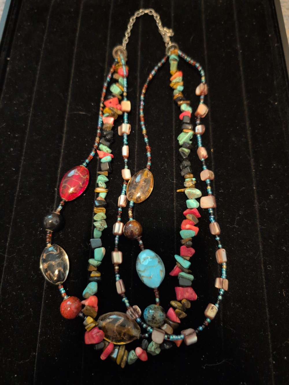 Triple strand bead & stone necklace