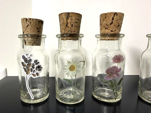 Vintage Made in Taiwan 12 Corked Glass Spice Bottles Set Embellished with Floral Transparencies