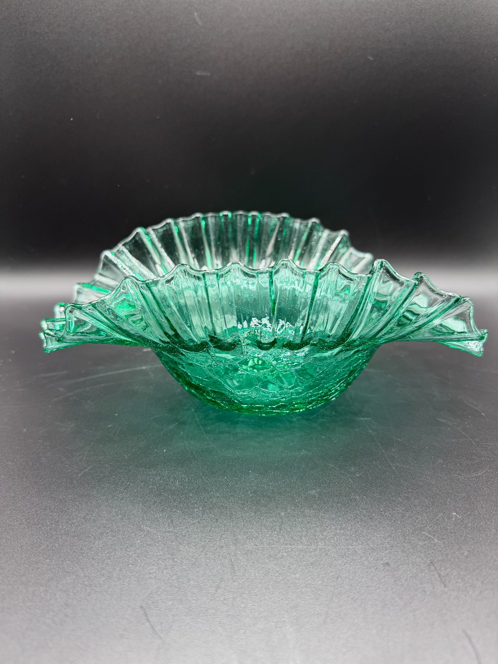 Mid-Century Green Hand-Blown Crackle Glass Ruffled Centerpiece Bowl