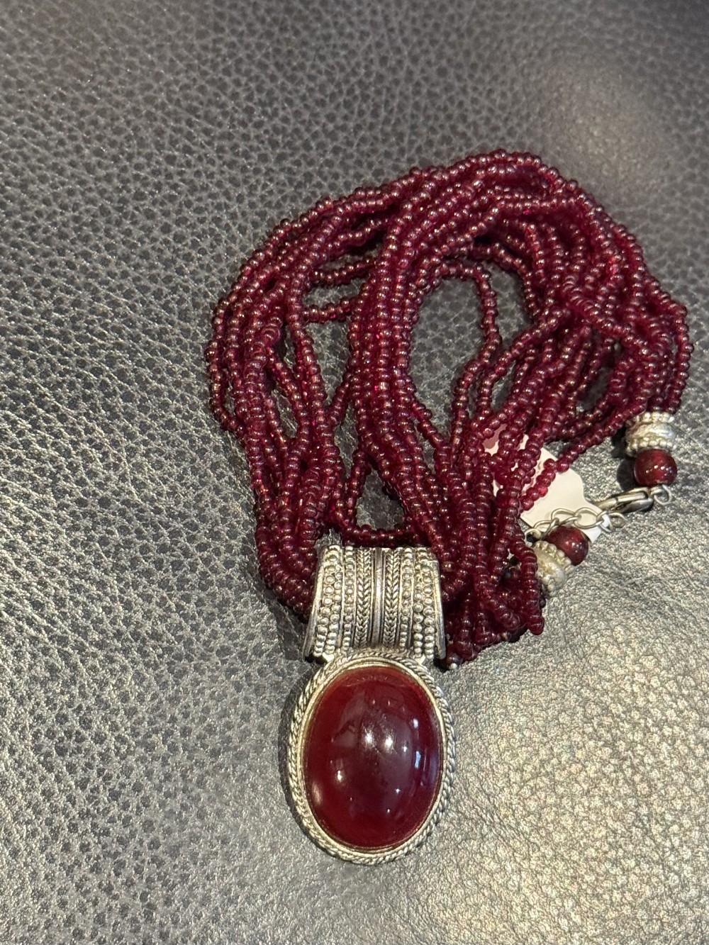 Necklace - Burgandy Glass Beads with Oval Pendant