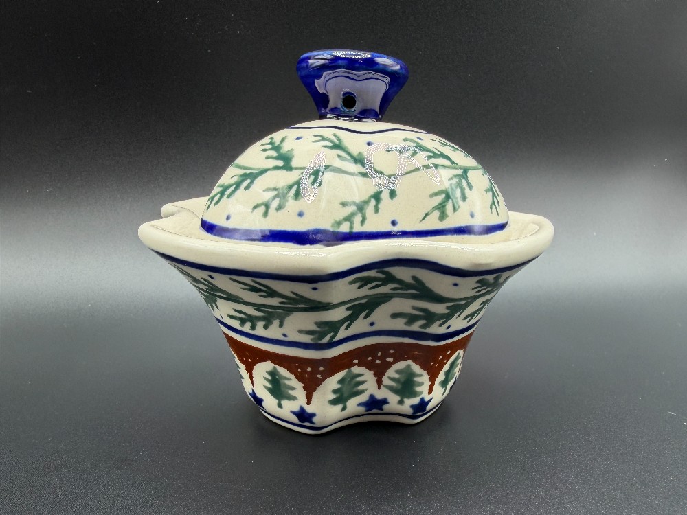 Ceramika Artystyczna Polish Pottery Evergreen Fluted Covered Sugar Bowl / Jam Jar