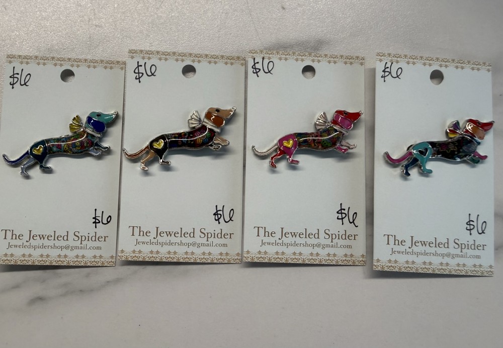 Brooch Pin - Colorful Dachshunds w/ Bow Collar