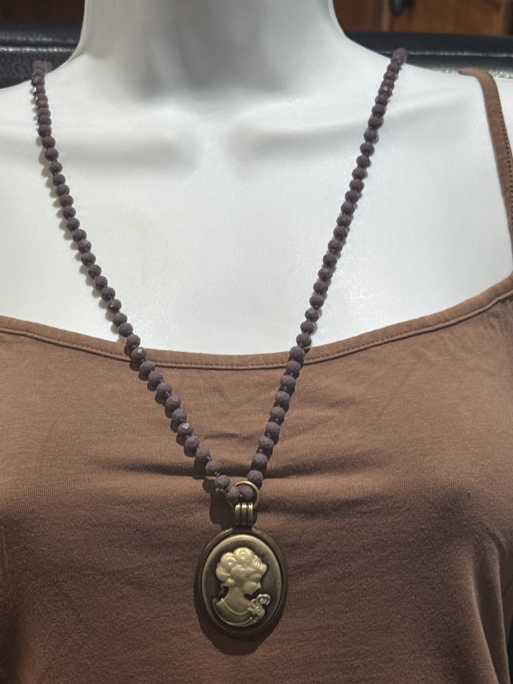 Pendant Necklace-Female Cameo on Purple Beaded Chain