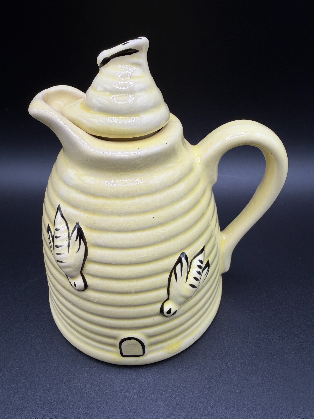 Vintage 1950s Yellow Ceramic Beehive Honey Pot Syrup Pitcher with Lid