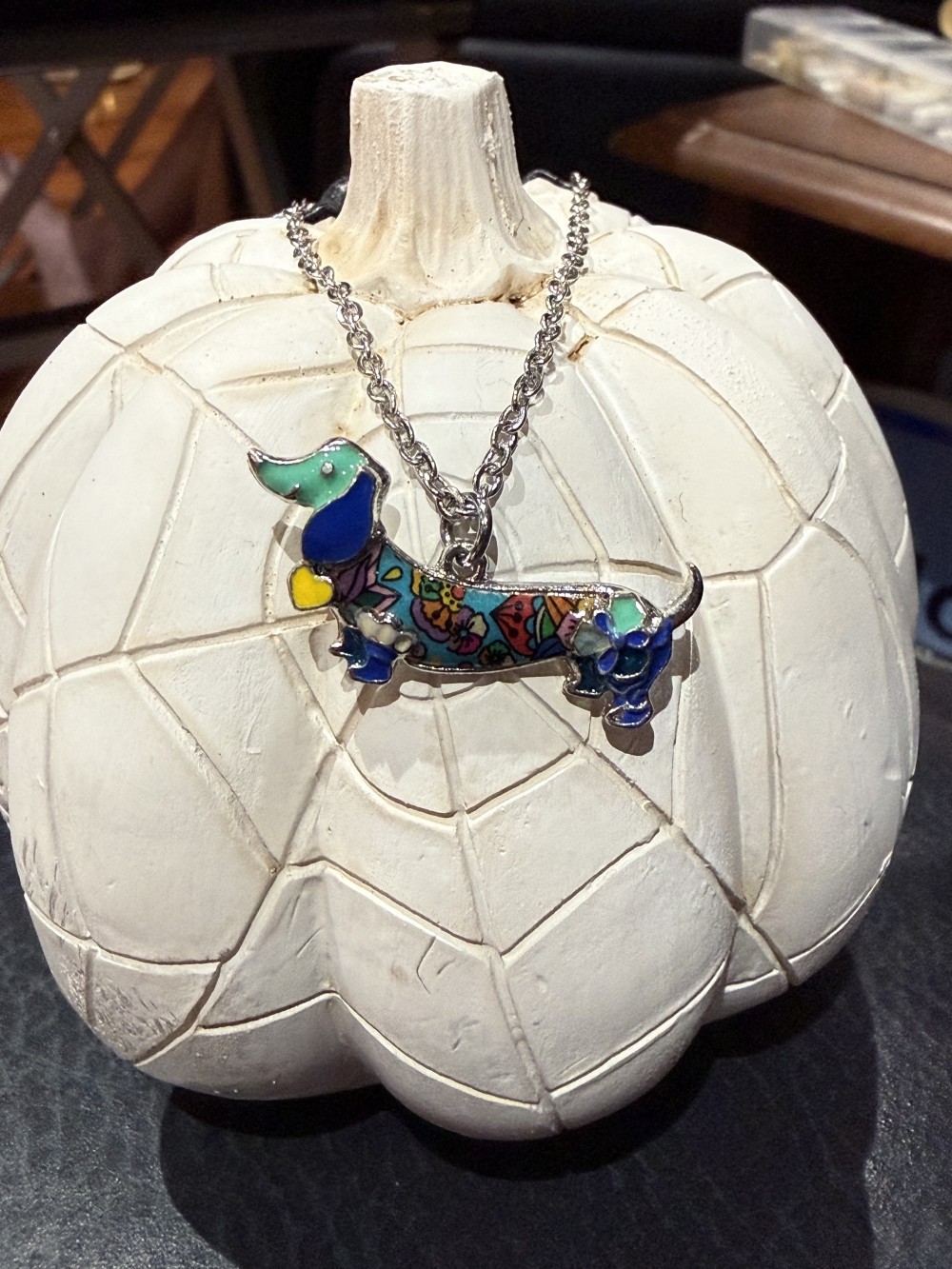 Necklace Enamel Dachshund Blue Patterned, Dog, Doxie