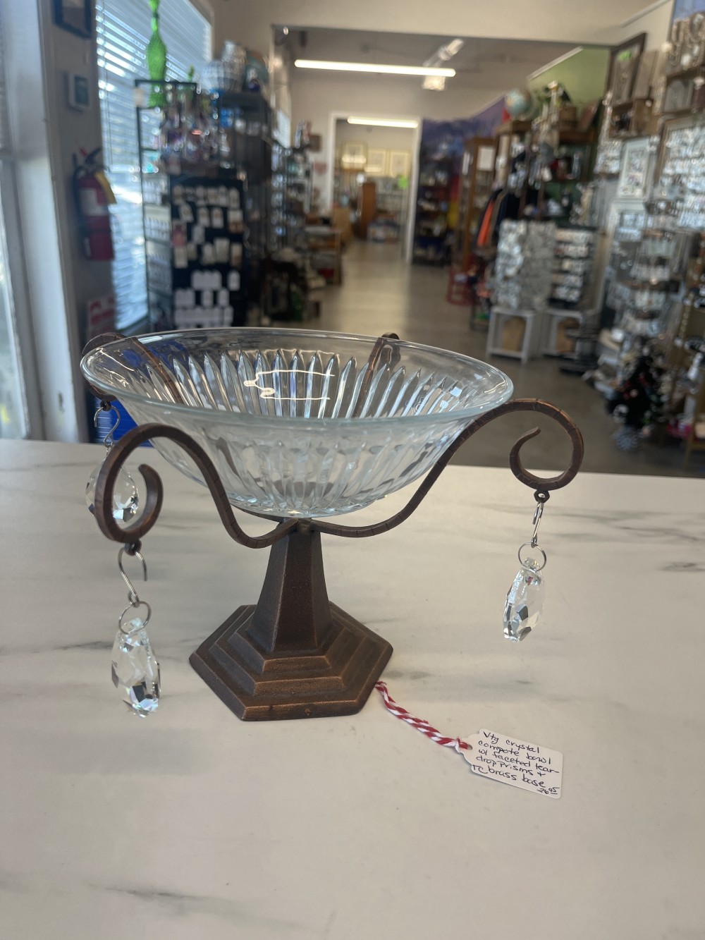 Vtg crystal bowl brass base faceted prisms