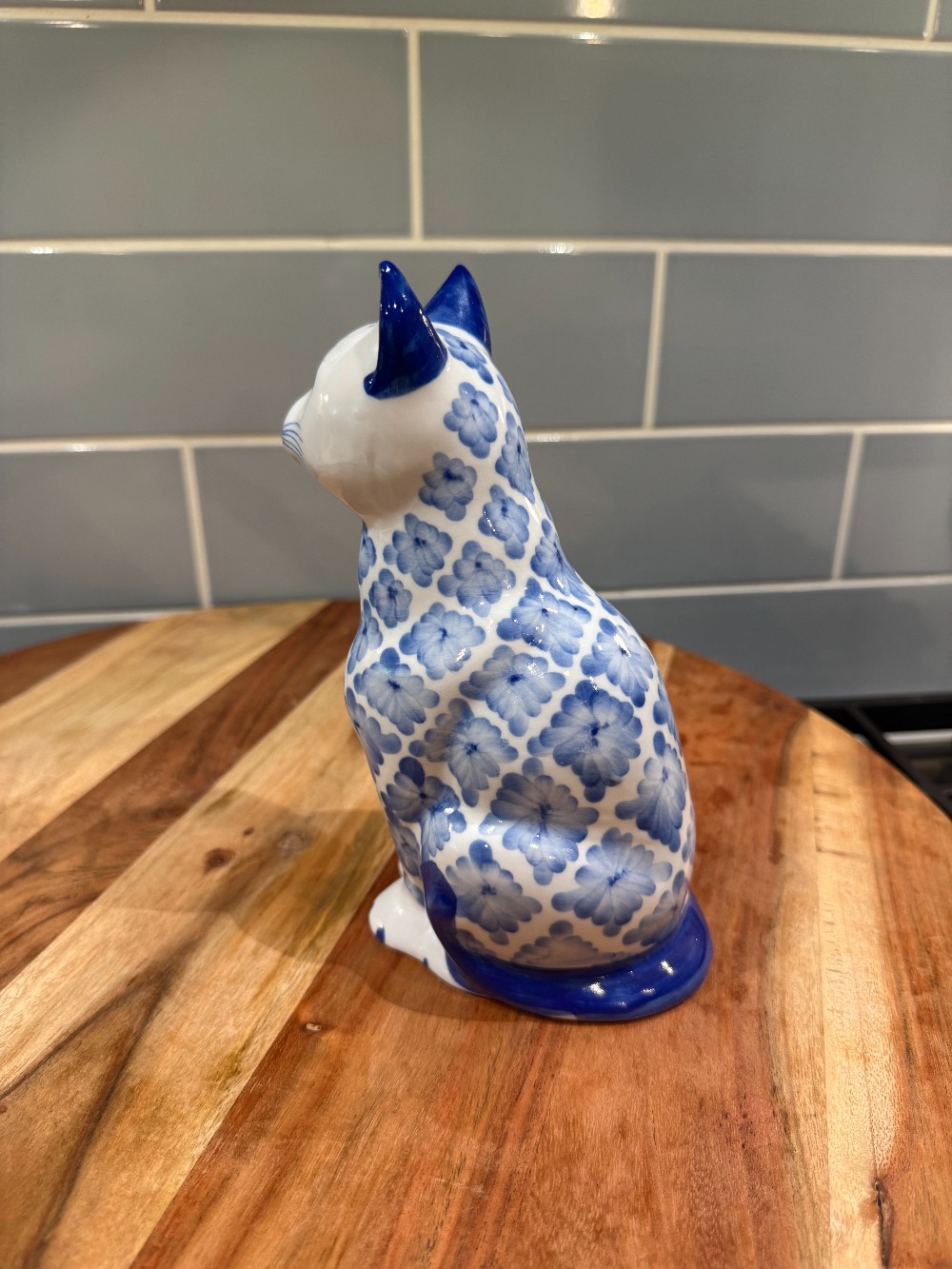 Vintage Blue & White Floral Cat Figurine