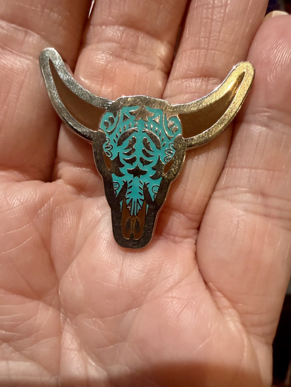 Brooch Pin- Steer Head in Blue Enamel and Silver