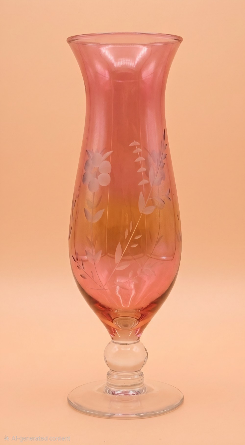 VTG Etched Cranberry Hurricane Vase