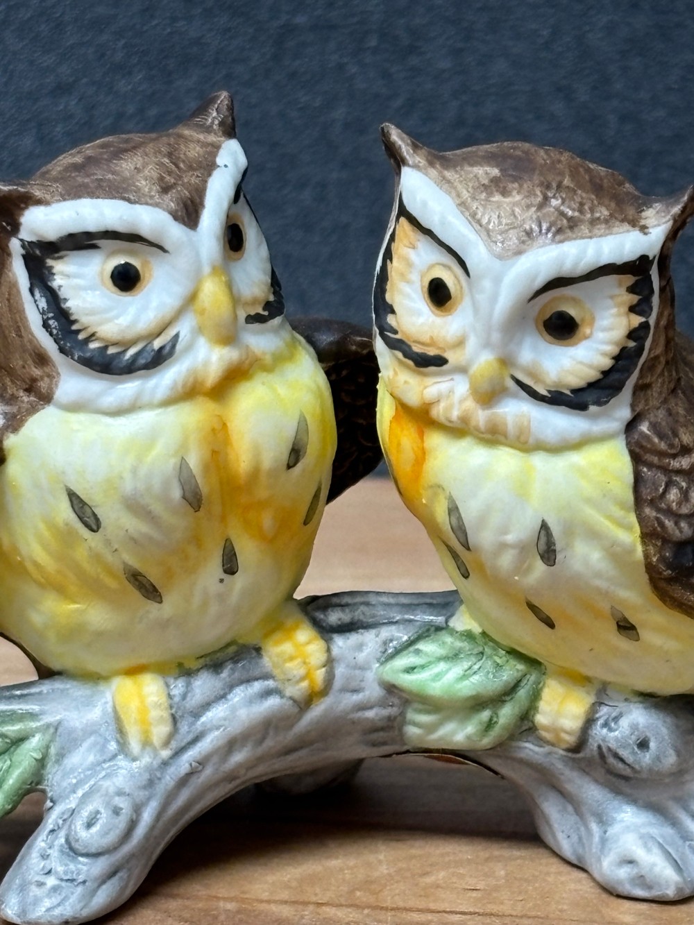 Lefton Hand Painted Owl Pair on Branch Figurine #00753 Taiwan Owls Vintage