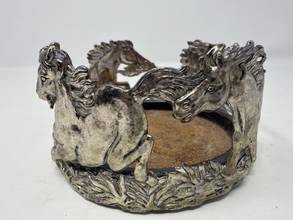 Vtg Silverplate Horses Wine Bottle Coaster