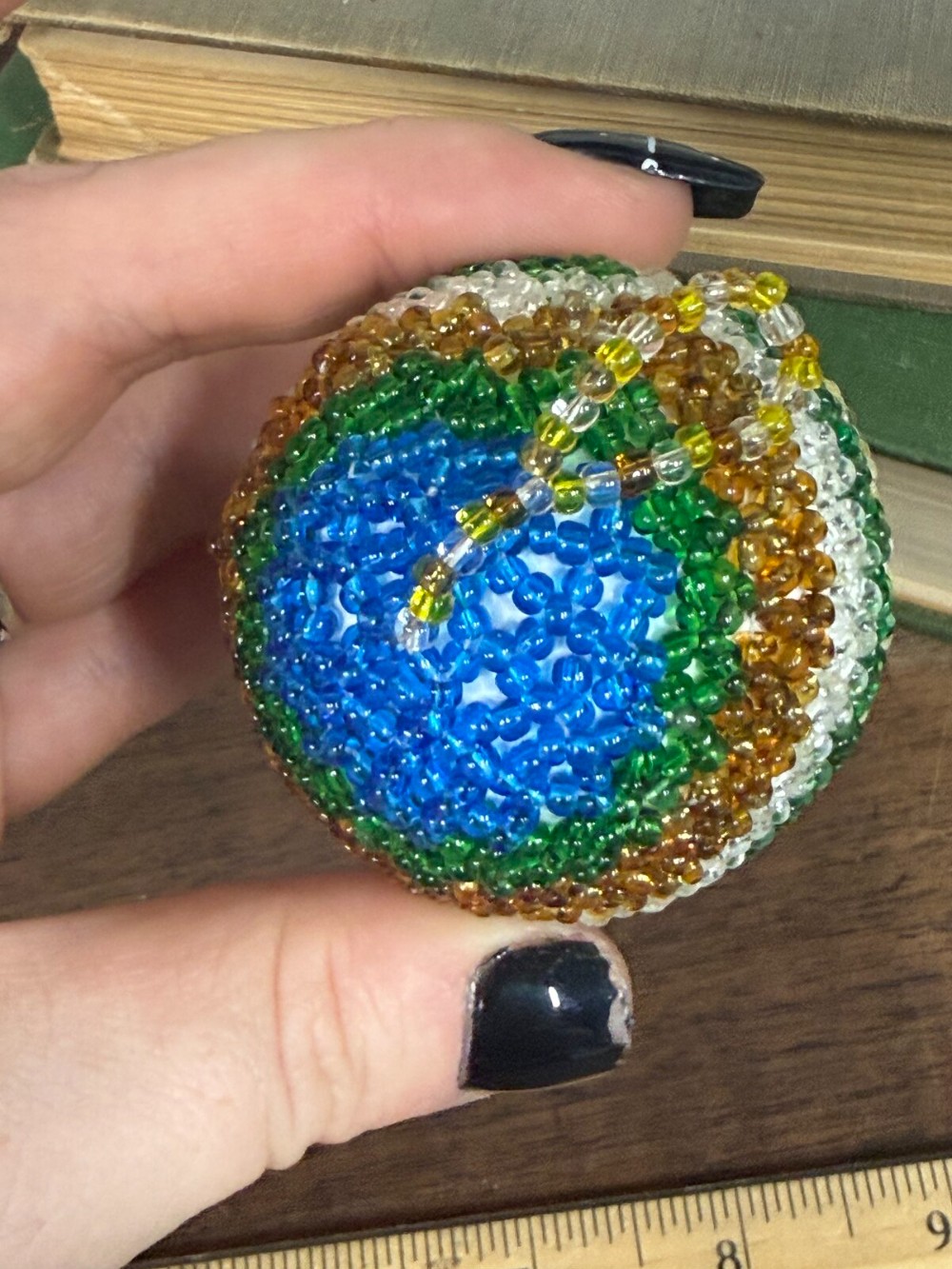 Beaded Ball Ornament Blue Green Yellow Seed Beads