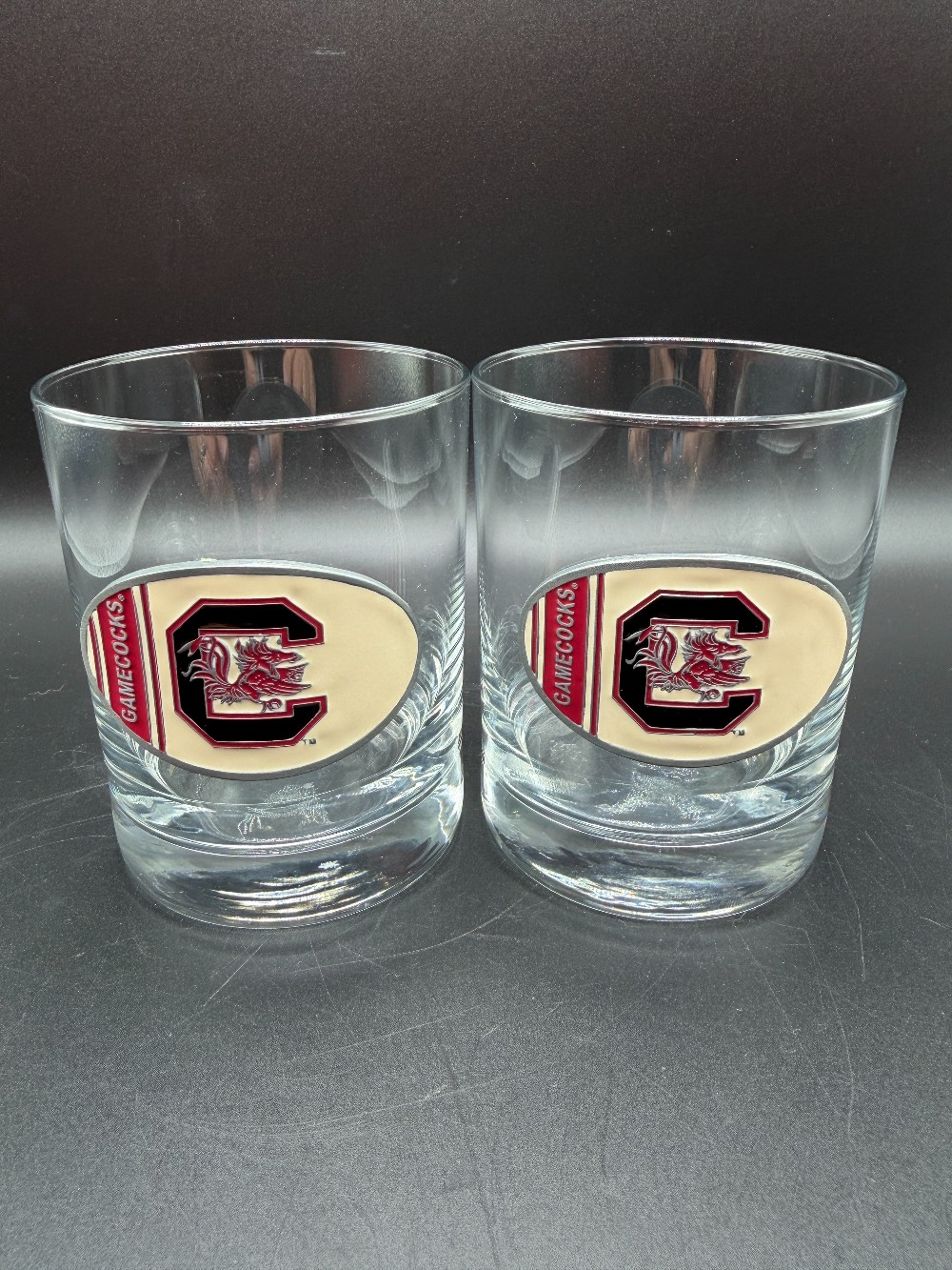Pair Vintage 2008 South Carolina Gamecocks Rocks Glasses Enamel Medallion 13.5oz