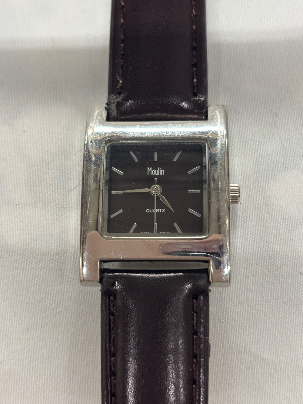 Watch Moulin silver square dk brown face w/dk brown strap band