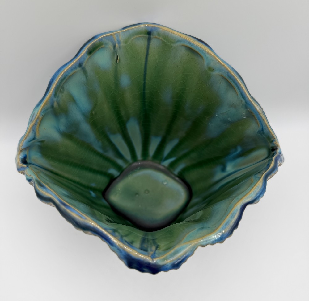 Pottery Blue & Green Drip Glaze Seashell Fan Planter Vase