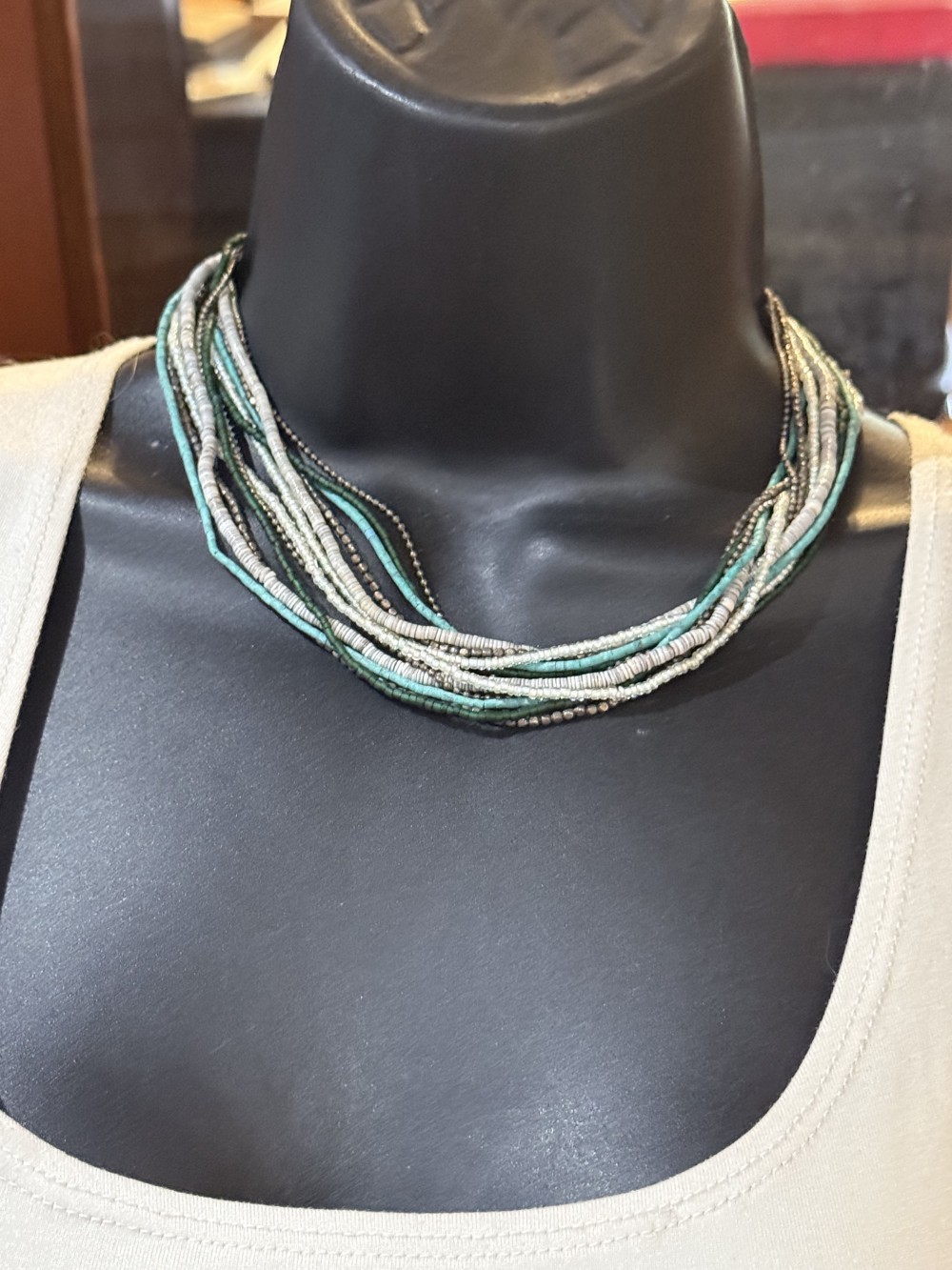 Necklace - Colorful Green and White Glass Beads