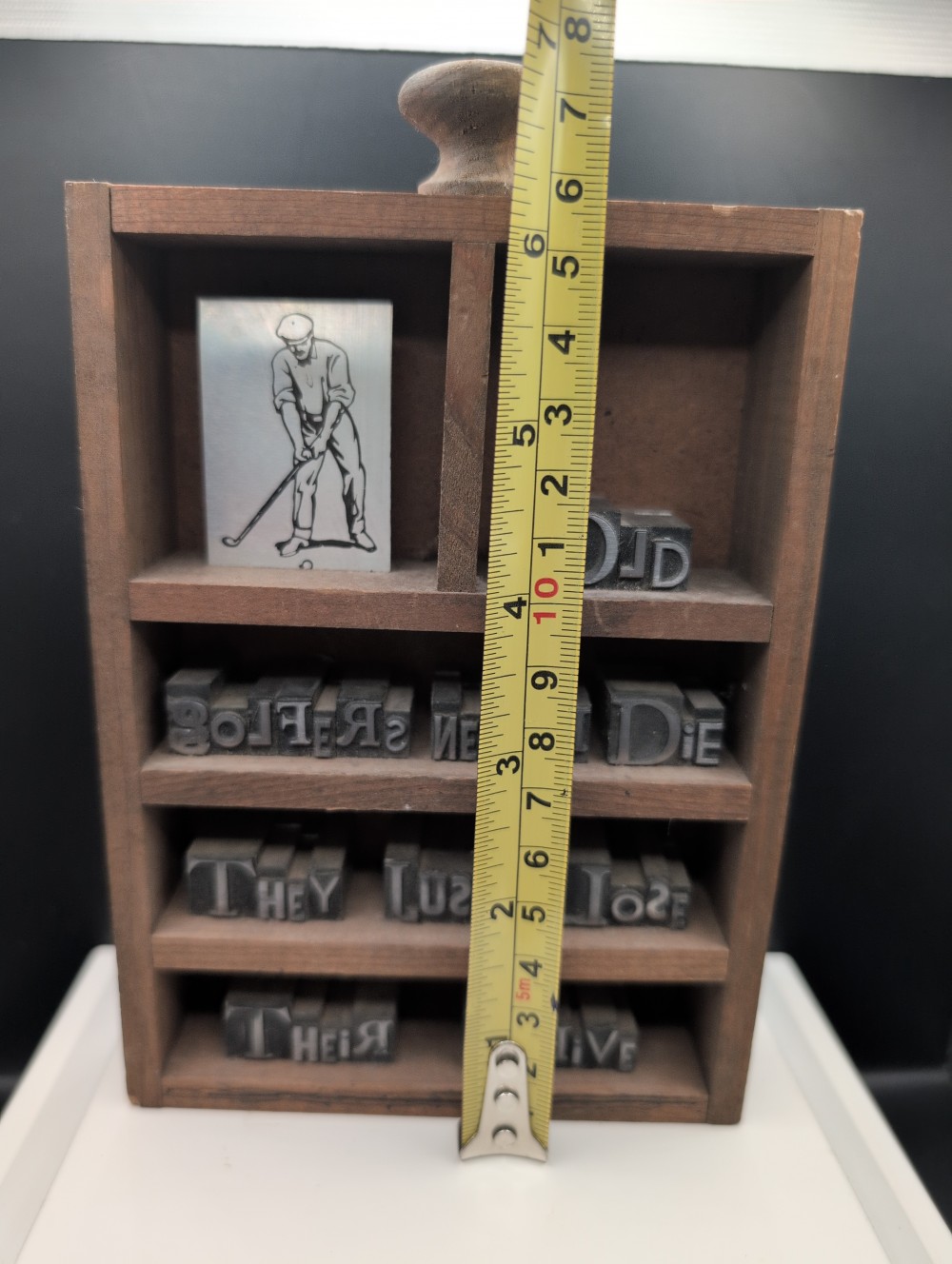 Backwords handmade golf-theme typecut shelf