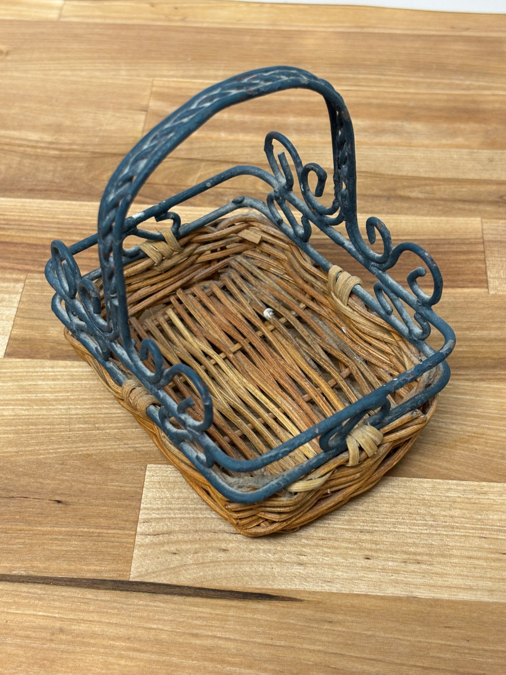 Miniature Wicker Basket with Ornate Metal Scrollwork Handle Rustic Farmhouse Decor