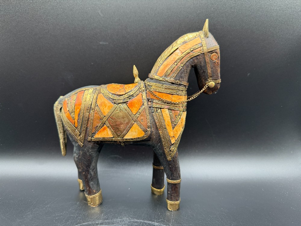 Vintage Indian Hand-Carved Wooden War Horse - Brass Armour & Bone Inlay Rajasthani Folk Art Sculpture