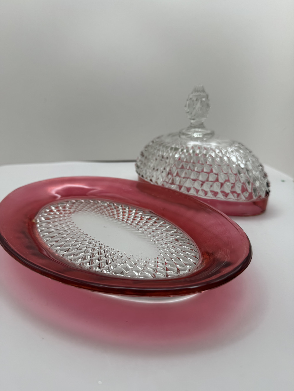 RUBY RED BUTTER DISH,  DIAMOND POINT PATTERN