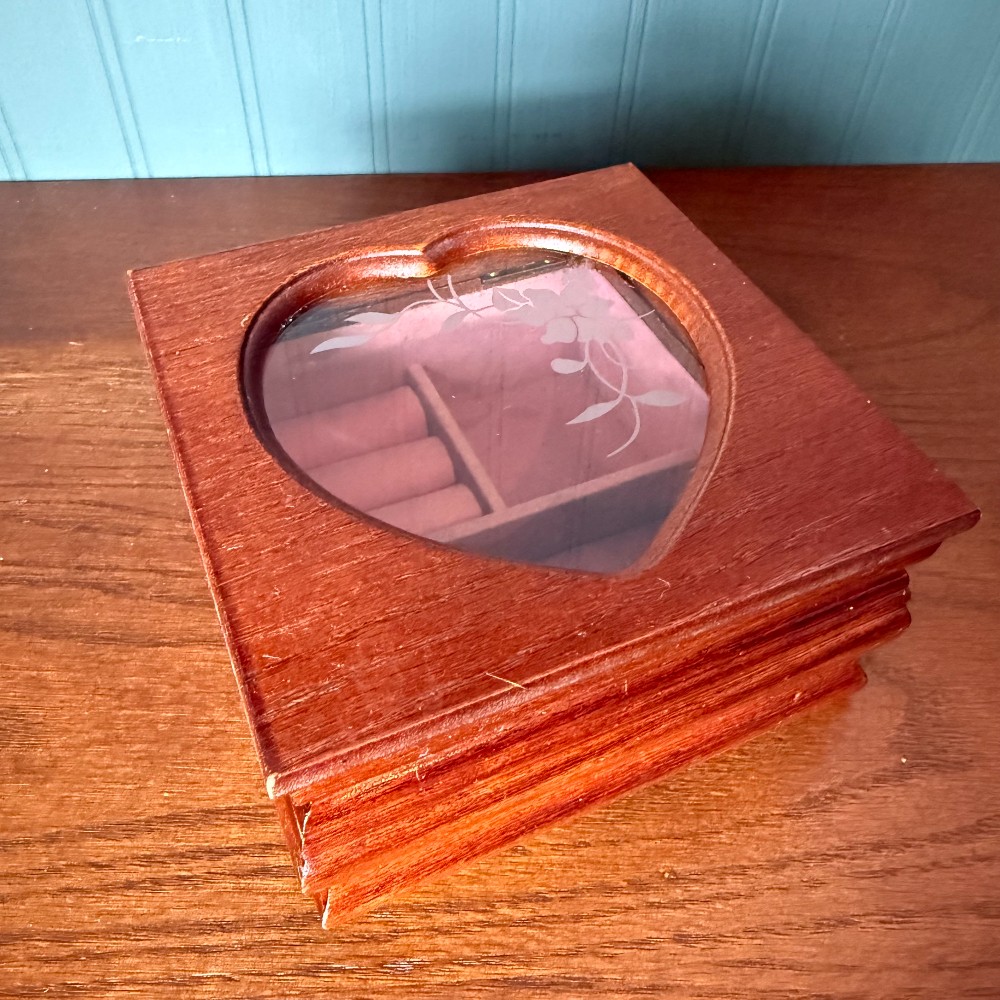 Wood Jewelry Box, Etched Heart Glass Lid