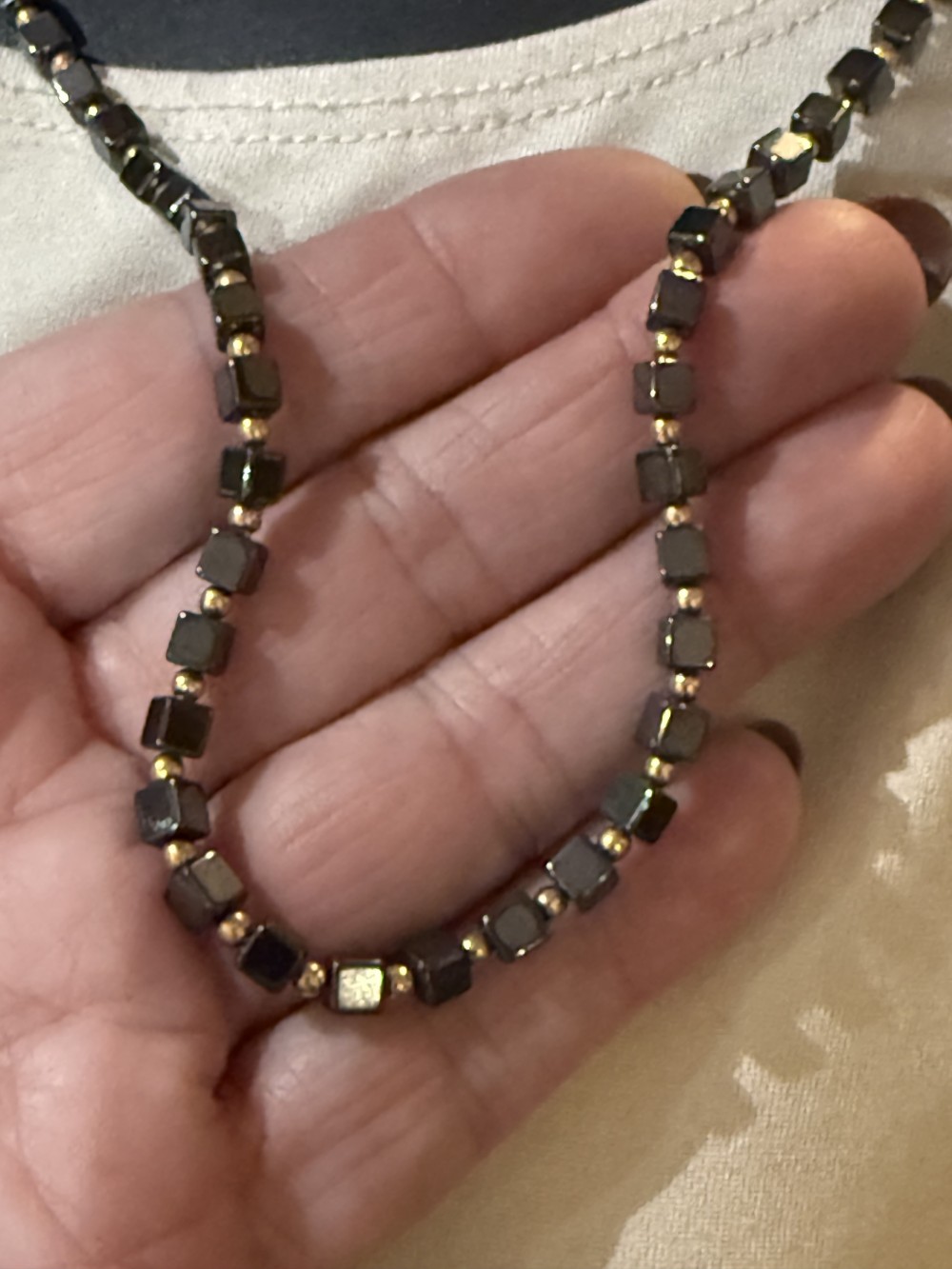 Necklace - Hematite Squares Gold Beads
