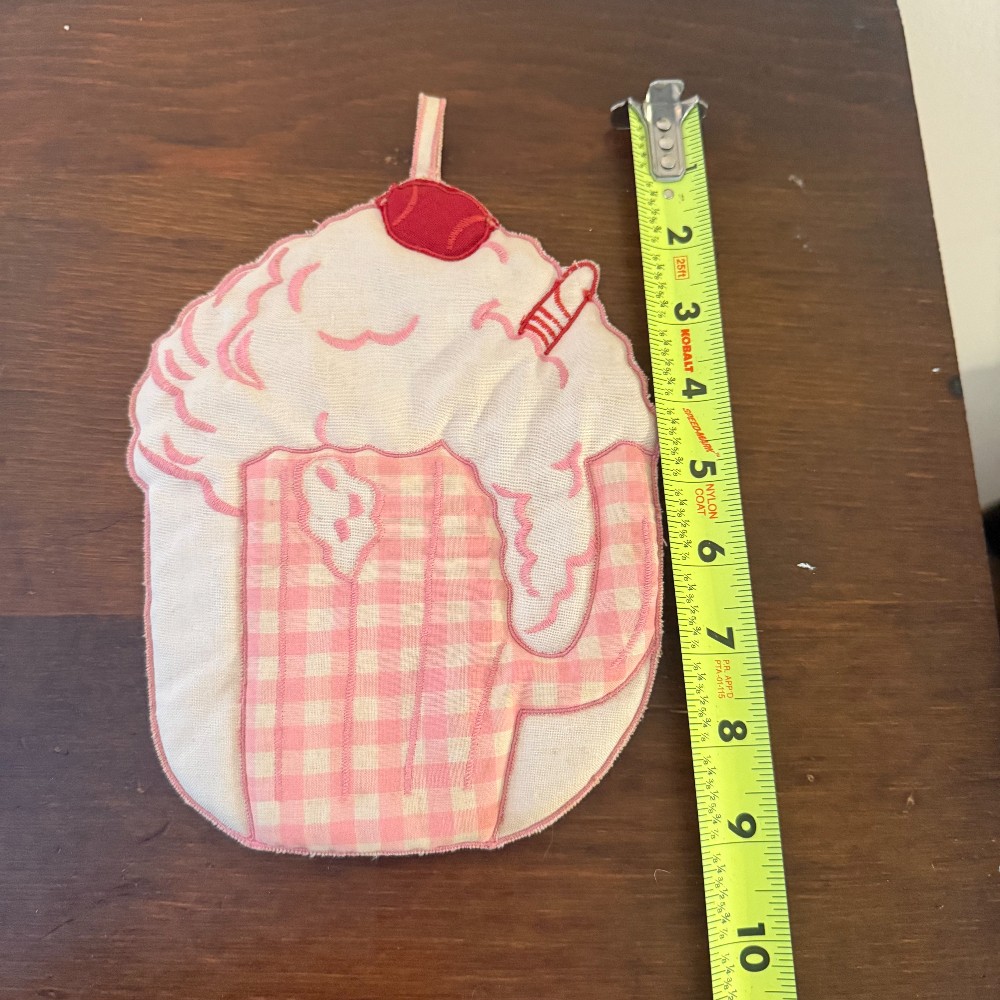 Ice Cream Sundae Quilted Potholder, Pink Gingham with Cherry