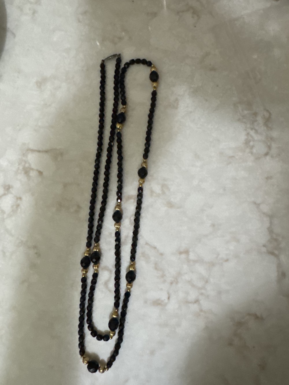 NECKLACE, BLACK GLASS BEADS/GOLD SPACERS