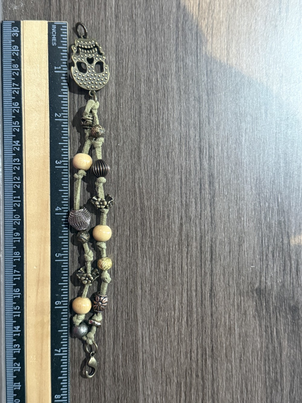 Bracelet - Bronze skull tan leather bead accents