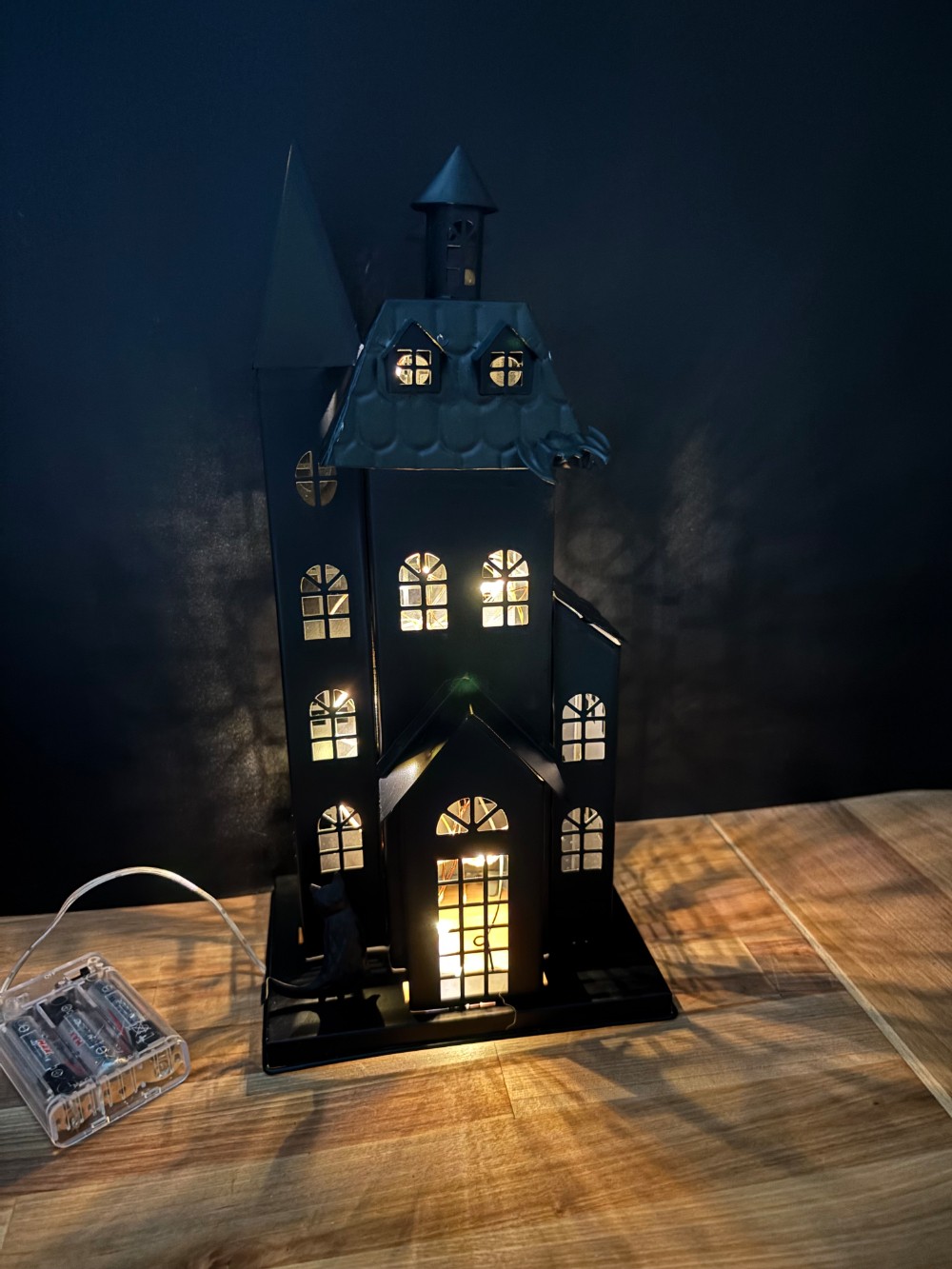 Lighted Metal Haunted House Halloween Decor Black Gothic Cat