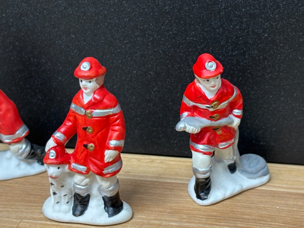 Christmas Village Firefighter Figurines Set of 3 Firemen Dalmatian Hydrant Hose