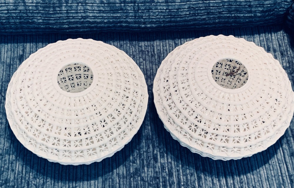 Vintage Diana Cyan Design Reticulated Porcelain  Vases / Bowls - Milk White Open Basket Weave Vases - set of 2 - see pics
