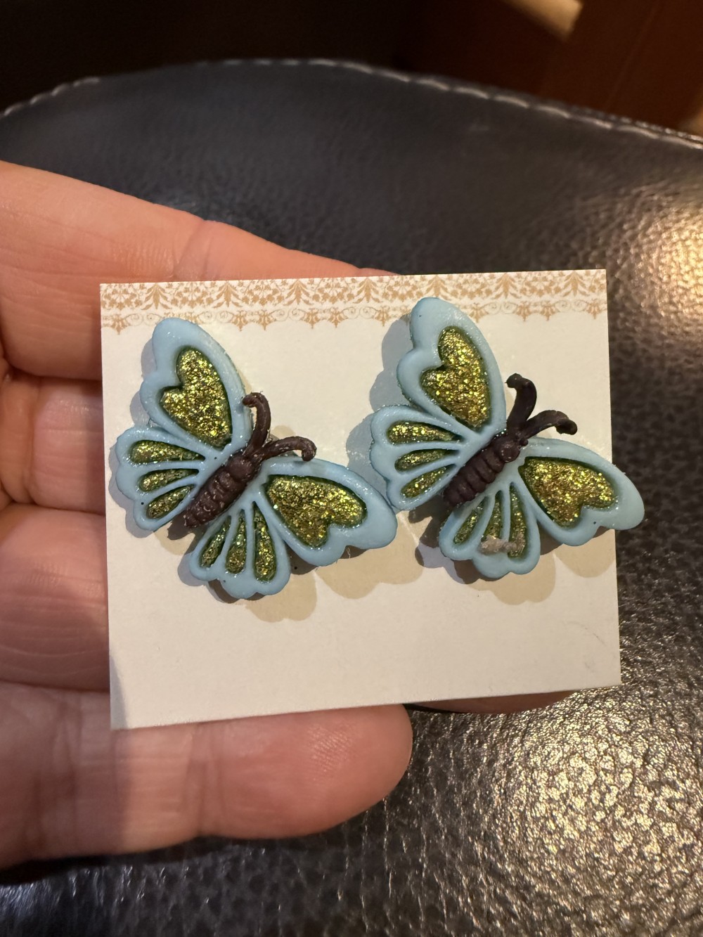 Stud Earrings  - Butterfliesm Butterfly Teal Glitter Green Acrylic