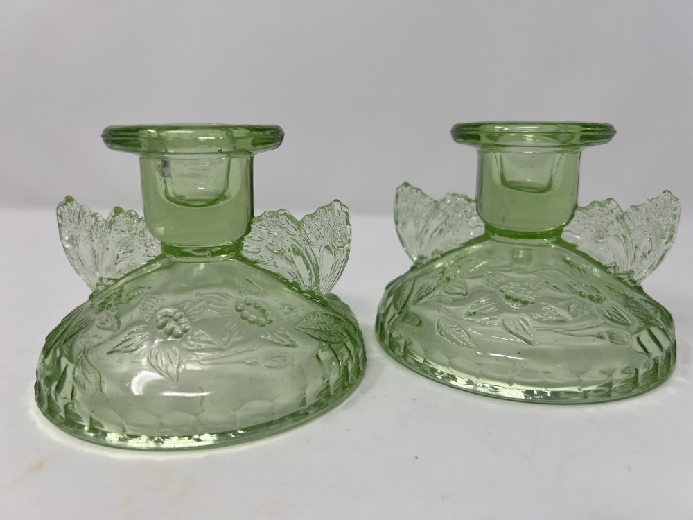 Pair 1930s Green Sowerby Butterfly Candlesticks