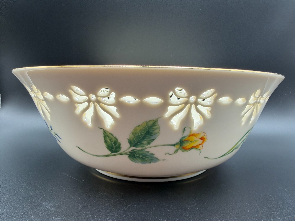 Vintage Lenox Ivory China Pierced Ribbon Reticulated Bowl - Victorian Rose Collection Yellow Rose & Bluebells