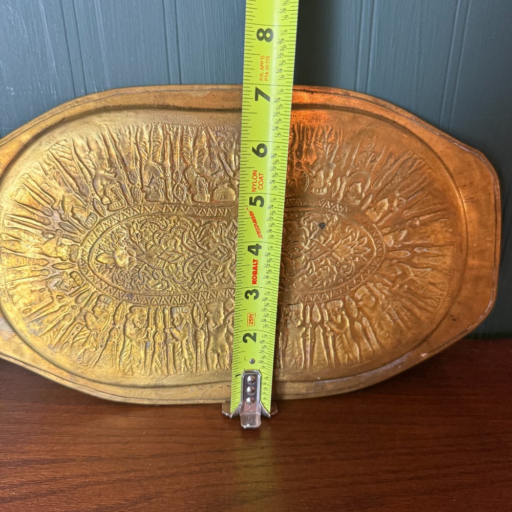 Vintage Brass Oval Tray, Embossed Persian-Style Figures