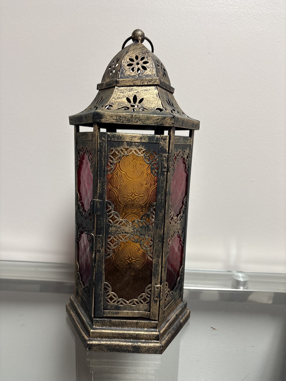 Moroccan Lantern w/ Hot Pink  and Golden Glass Panels
