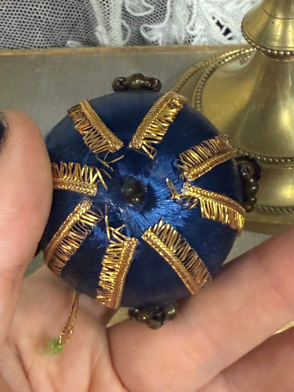 Blue Satin Thread Ball Ornament with Gold Trim and Beaded Clusters
