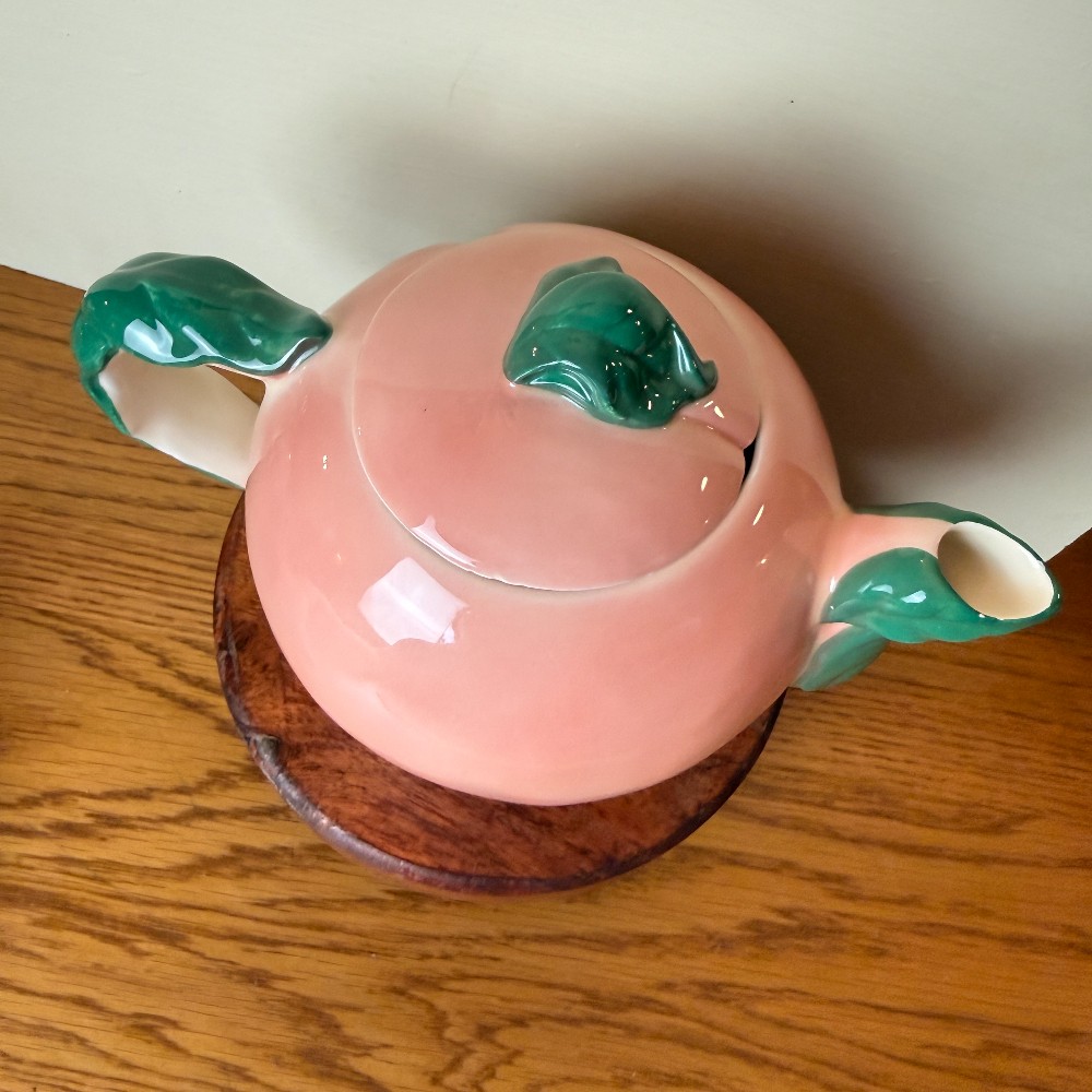 Pink Ceramic Peach-Form Teapot with Cherries & Blackberries