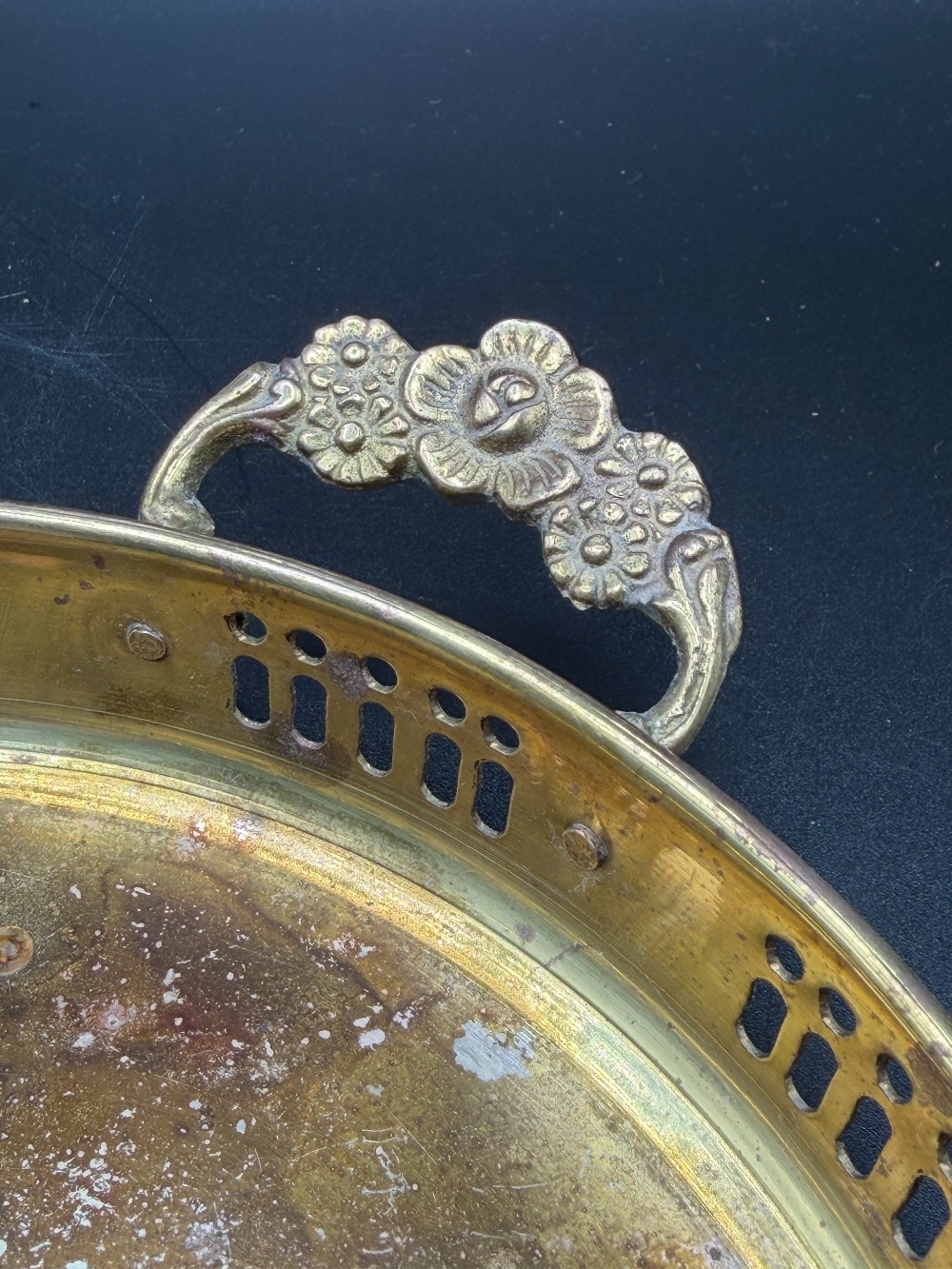 Vintage Hollywood Regency Small Brass Gallery Tray - Ornate Floral Handles 7.5