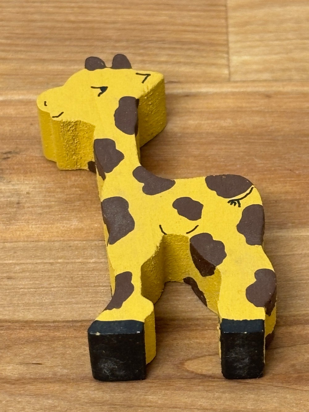 Giraffe Hand Painted Wooden Folk Art Figurine Signed RJ Yellow Brown Hearts 2¾