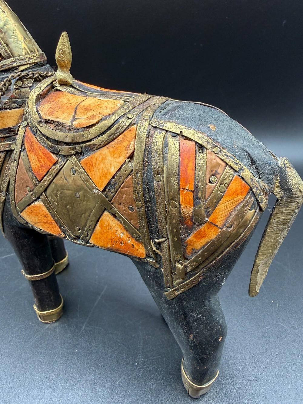 Vintage Indian Hand-Carved Wooden War Horse - Brass Armour & Bone Inlay Rajasthani Folk Art Sculpture