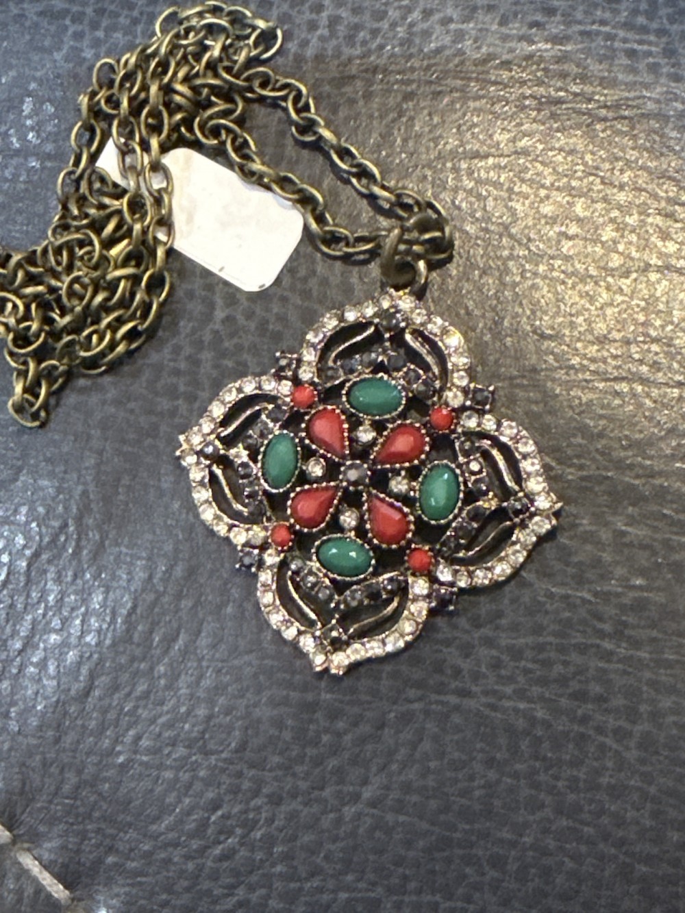 Pendant Necklace - Bronze Medallion Red & Green Jewels and Rhinestone accents