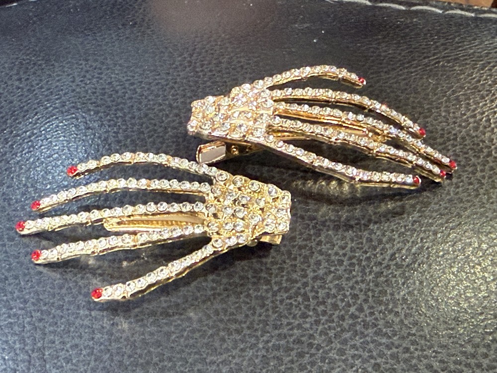 Hair Clips - Rhinestone Golden Skeleton Hands Jeweled Nails