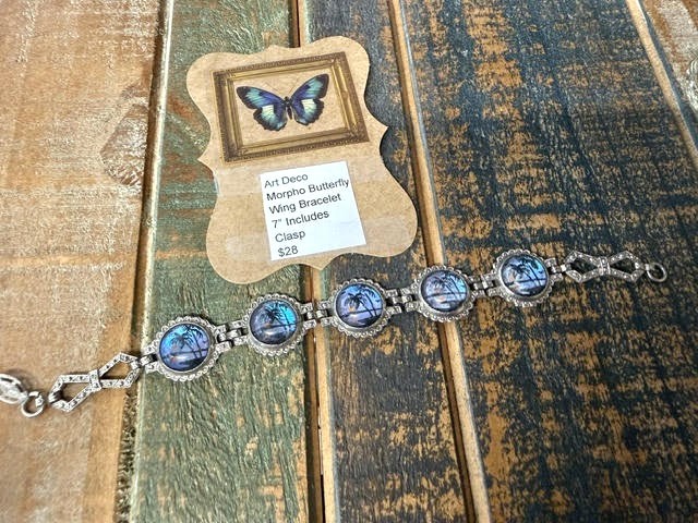 Art Deco Morpho Butterfly Wing Bubble Glass Link Bracelet