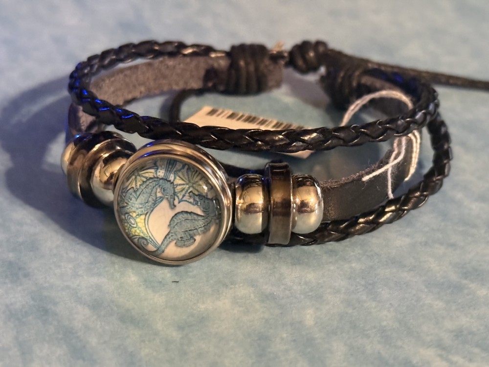 Bracelet-Genuine Leather Black 3 strap Sea Horse