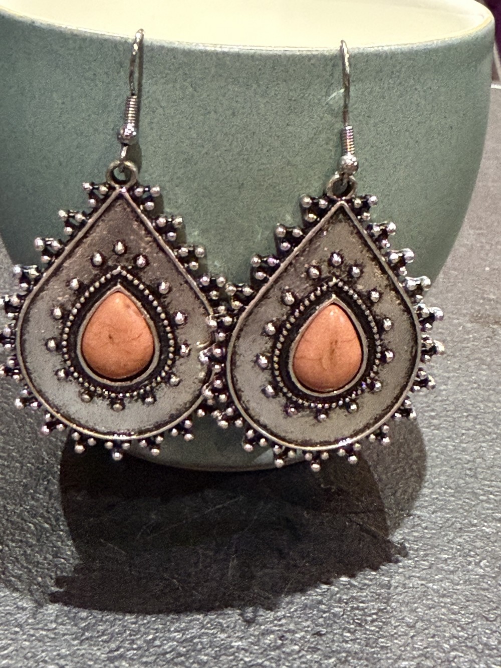 Earrings - Dotted Tear Drop with Stone Center