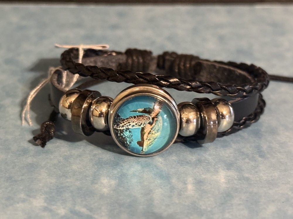 Bracelet-Genuine Leather black 3 strap Sea Turtle