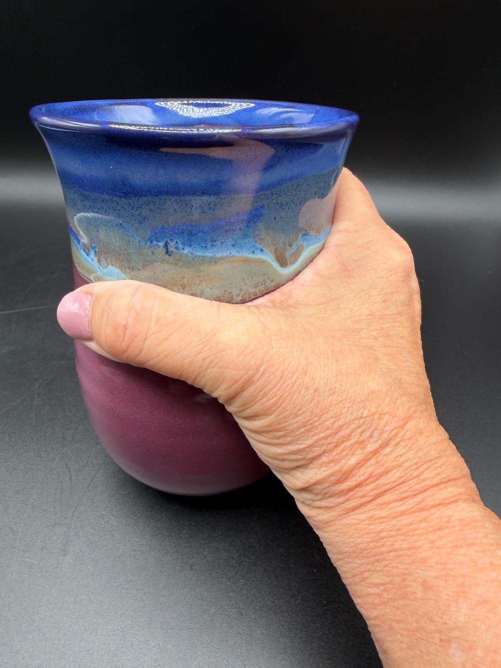 Clay in Motion Handmade Pottery Handwarmer Mug - Purple Passion Glaze (Right Handed)