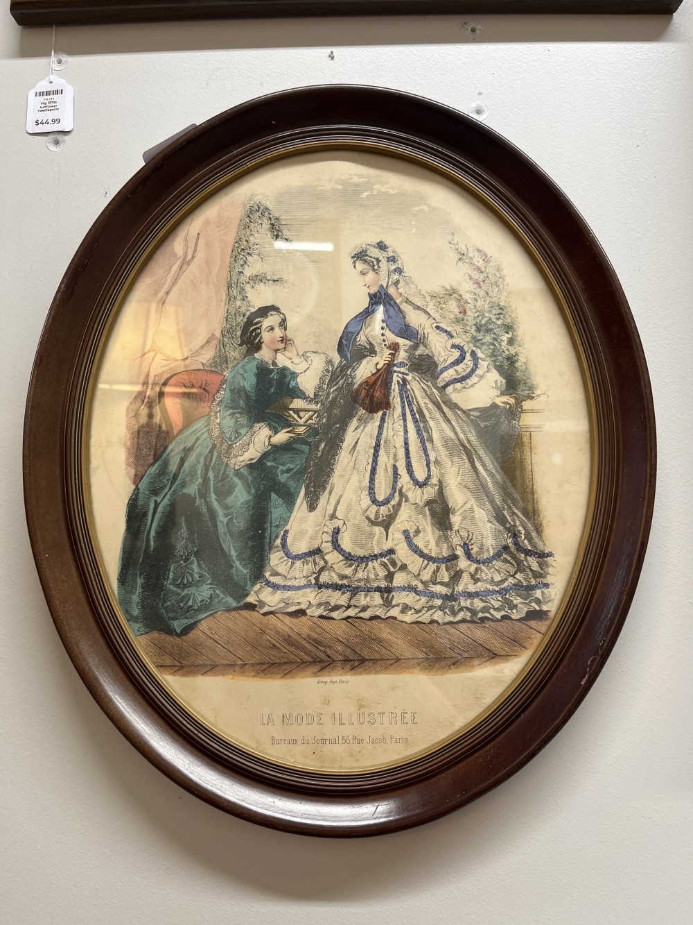 Antique French fashion print in oval frame
